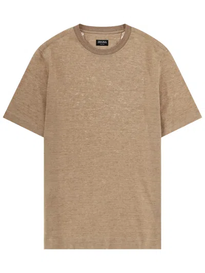 Zegna Beige Solid Crew Neck T-shirt In Brown