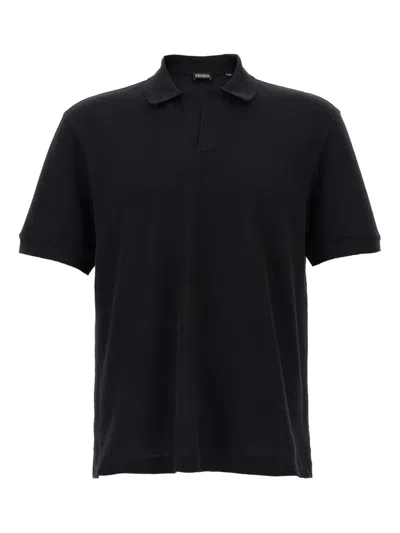 Zegna Cashmere Blend Polo Shirt With V-neck In Black