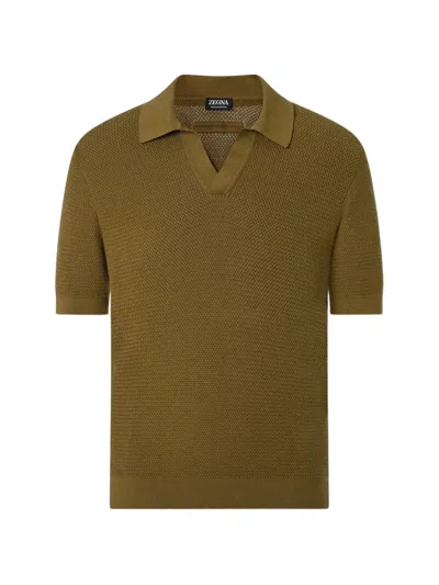 Zegna Leisurewear Polo Shirt Textured Knit Collar In Green
