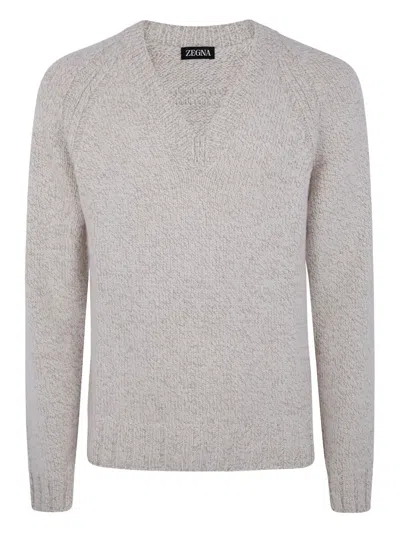 Zegna Cashmere Wool V Neck Sweater In Gray