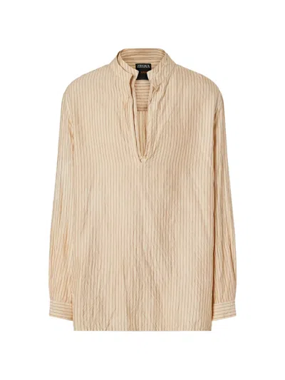 Zegna V-neck Striped Silk Shirt In Brown