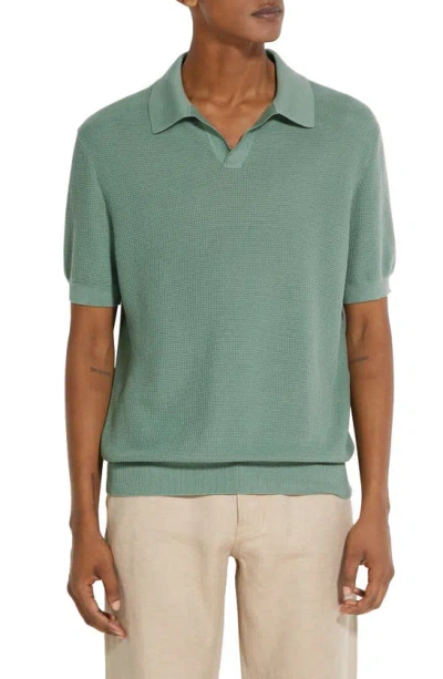 Zegna Waffle Stitch Premium Cotton Polo Sweater In Seafoam Blue