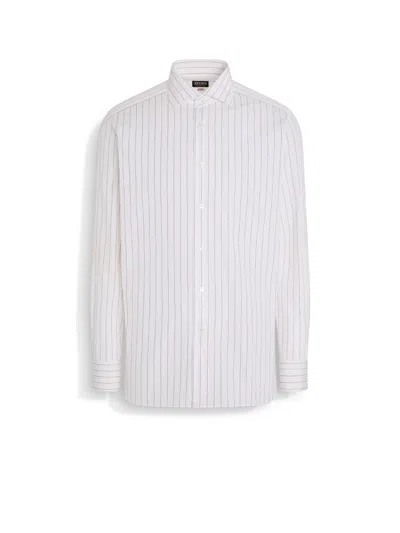 ZEGNA WHITE AND BRICK RED MACRO-STRIPED CENTOVENTIMILA COTTON SHIRT