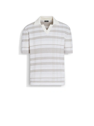 Zegna Stripe-pattern Cotton-blend Polo Shirt In White/dark Taupe