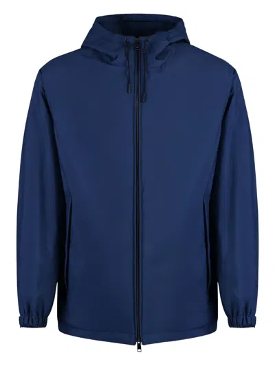 Zegna Windbreaker Hooded Jacket In Blue