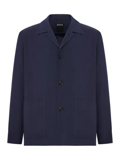 Zegna Wool And Linen Mix Jacket With Patched Pockets In Blue