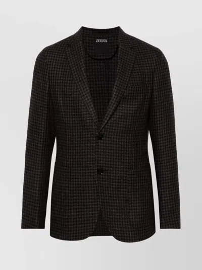 Zegna Wool Blend Houndstooth Jacket With Rear Vents In Brown