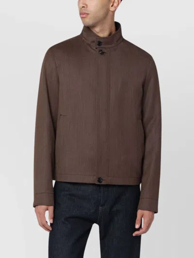 Zegna Wool Jacket With High Collar And Pockets In Brown