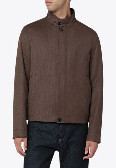 Zegna Wool Jacket With Stand-up Collar In Brown