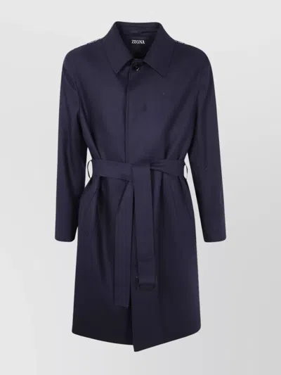 ZEGNA WOOL OVERCOAT WITH BELTED WAIST AND POCKETS