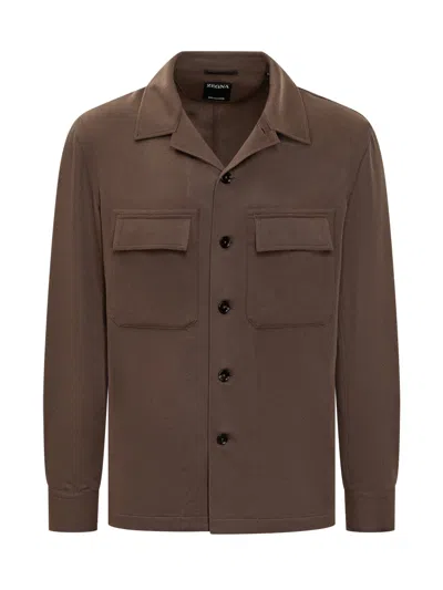 Zegna Wool Overshirt In Rich Texture In Brown
