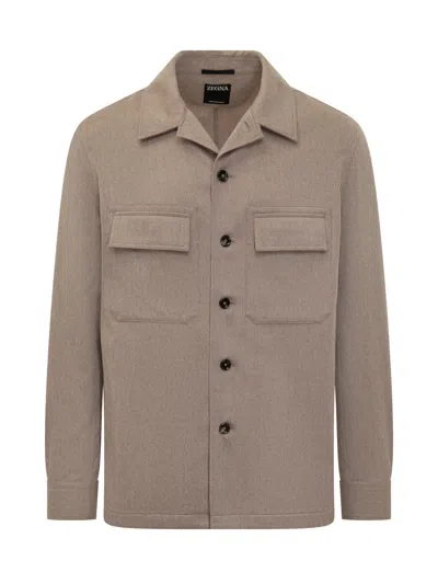 Zegna Wool Overshirt With Pocket In Beige