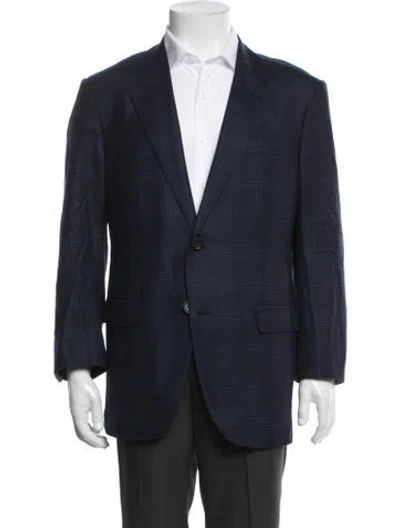 Pre-owned Zegna Wool Plaid Print Overcoat In Blue