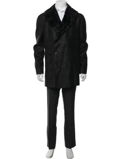 Pre-owned Zegna Wool Plaid Print Peacoat In Black