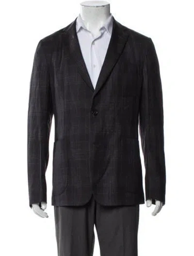 Pre-owned Zegna Wool Plaid Print Peacoat In Gray