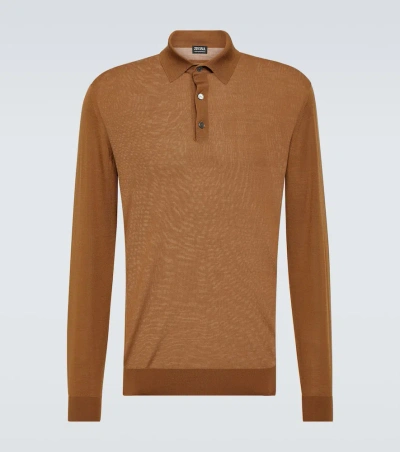 Zegna Ribbed Cashmere And Silk-blend Polo Shirt In Brown