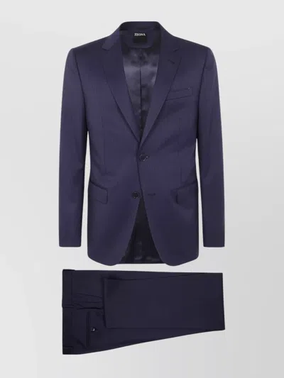 Zegna Wool Suit With Chest And Flap Pockets In Blue