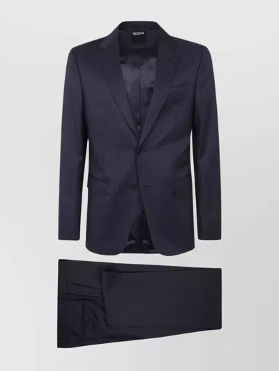 Zegna Wool Suit With Notch Lapel And Pockets In Blue