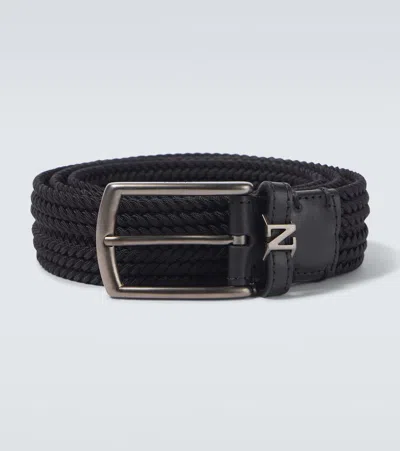 Zegna Woven Leather-trimmed Belt In Schwarz