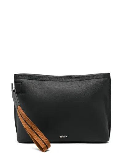 Zegna Wrist-strap Leather Clutch Bag In Black