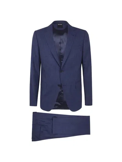 Zegna Tailoring Suit Flat Front Trousers Notch Lapel In Blue