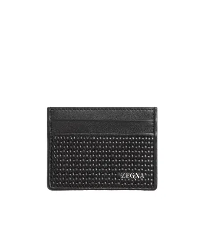 Zegna Z  Logo Lettering Woven Card Holder In Black