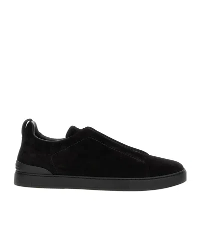 Zegna Black Suede Triple Stitch Sneakers