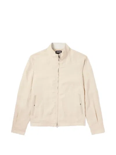 Zegna Leather-trimmed Oasi Linen Jacket In Neutrals