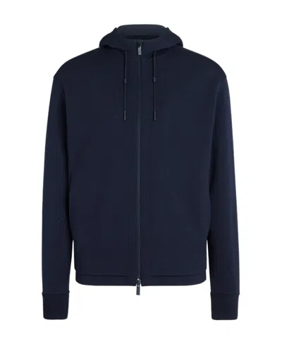 Zegna Navy Blue High Performance Wool And Cotton Hoodie In Bleu Marine