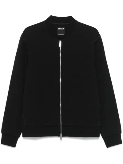 Zegna Crew Neck Zip-up Sweatshirts In Black