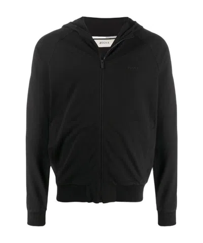 Zegna Zipper Hooded Sweater In Black