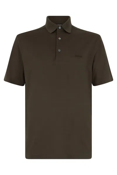 Zegna -style Short-sleeve Cotton Polo Shirt With Button Placket In Brown