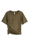 Zella Adjustable Ruched Pima Cotton T-shirt In Olive Night
