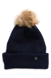 Zella Cozy Heather Beanie With Faux Fur Pompom In Navy Sapphire