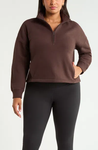 Zella Exhale Fleece Half Zip Pullover In Brown Mole