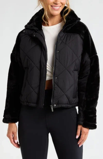 Zella Faux Fur Mixed Media Quilted Jacket In Black