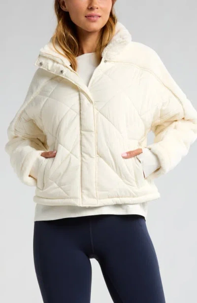 Zella Faux Fur Mixed Media Quilted Jacket In Ivory Egret