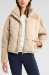 Zella Faux Fur Mixed Media Quilted Jacket In Tan Oxford