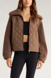 Zella Faux Shearling & Quilted Nylon Hybrid Jacket In Brown