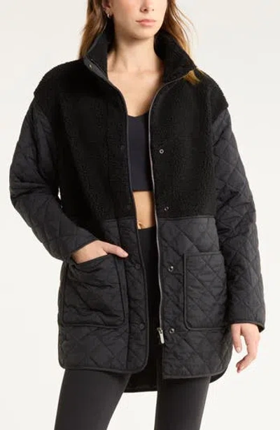 Zella Faux Shearling Hybrid Quilted Long Jacket In Black