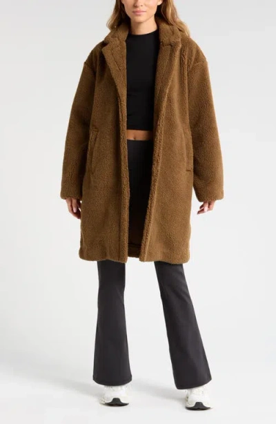 Zella Faux Shearling Longline Coat In Brown Teak