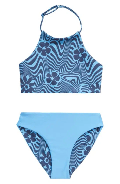 Zella Girl Kids' Just Breathe Reversible Two-piece Swimsuit In Blue Lapis Psychedelic Daisy