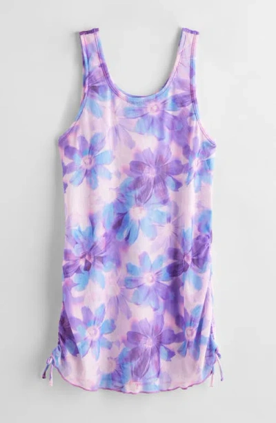 Zella Girl Kids' Print Mesh Cover-up Tank Dress In Pink Lavender Digital Daisies