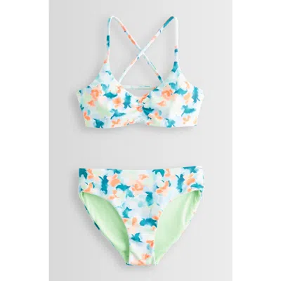 Zella Girl Kids' Reversible Strappy Two-piece Swimsuit In Green Verde Daisy Clouds