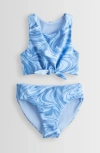 Zella Girl Kids' Reversible Tie Front Two-piece Swimsuit In Blue Azure Rhythmic Swirl