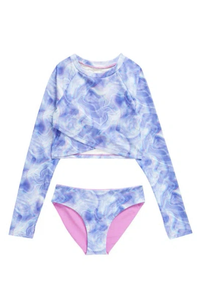 Zella Girl Kids' Wave Ride Two-piece Rashguard Swimsuit In Purple Iris Soft Lines