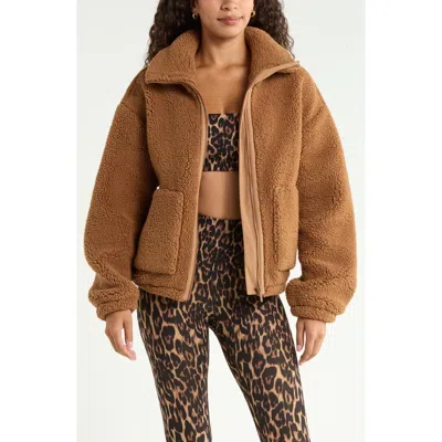 Zella Haven Faux Shearling Zip Front Jacket In Brown