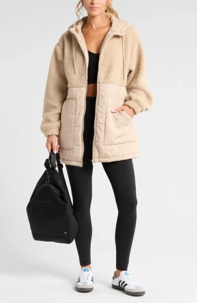 Zella Hybrid Faux Shearling Pocket Jacket In Tan Oxford