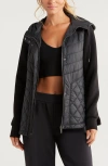 Zella Hybrid Quilted Scuba Hooded Jacket In Black