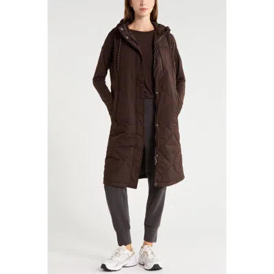 Zella Long Hooded Puffer Vest In Brown Mole
